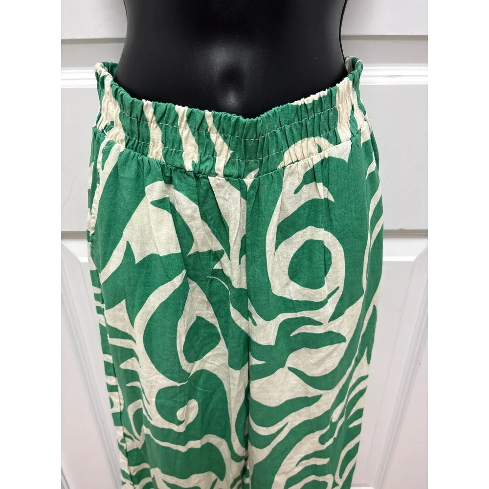 Green & White Abstract Wide Leg Elastic Waistband Lightweight Linen - Size XS